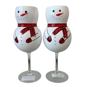 2 Snowman Wine Glasses - Red and White